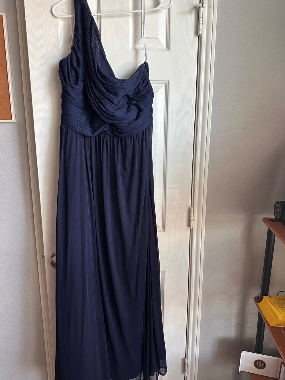 David's Bridal Navy One-Shoulder Ruched Gown